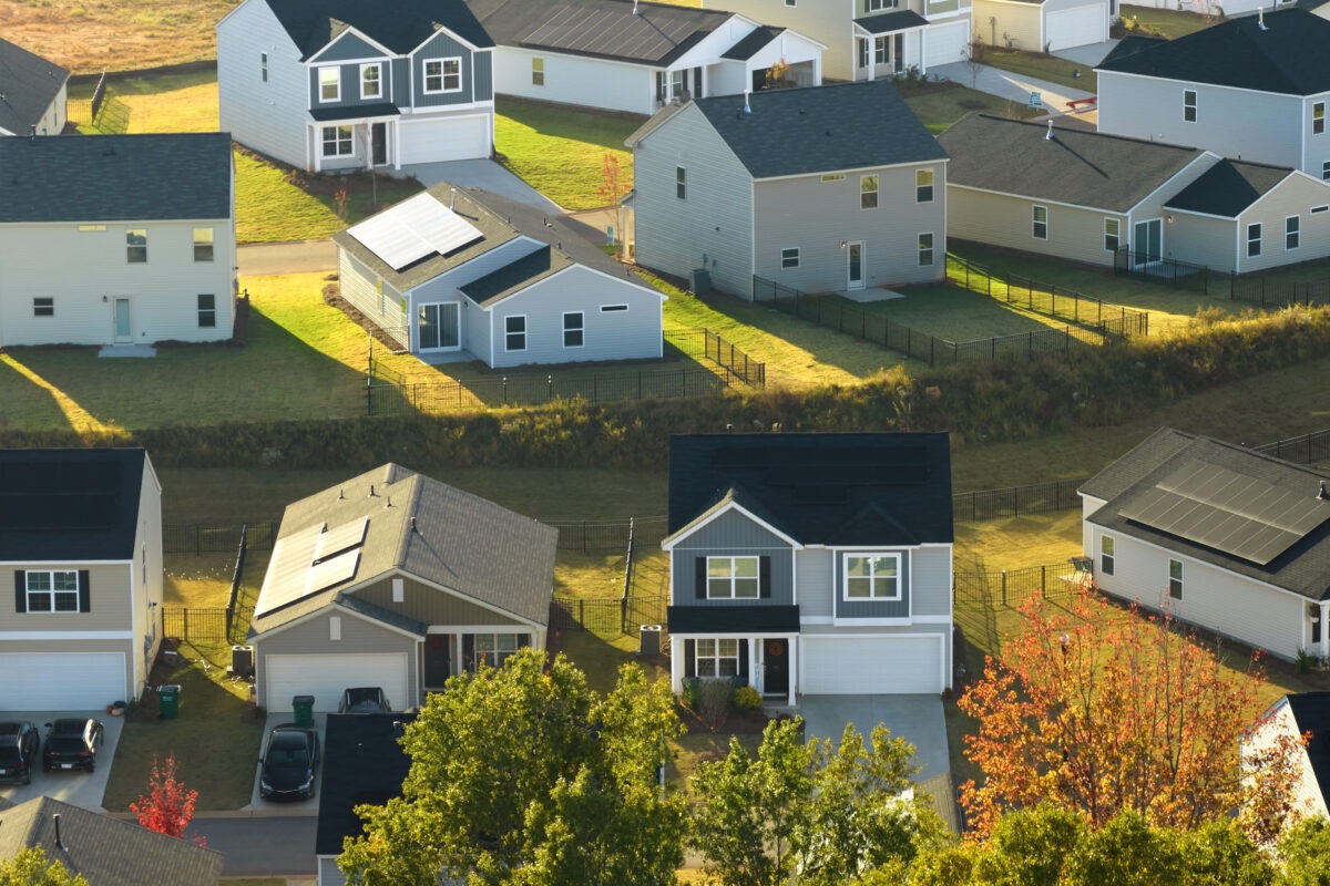 aerial view of tightly located new family houses in south carolina suburban area. real estate development in american suburbs